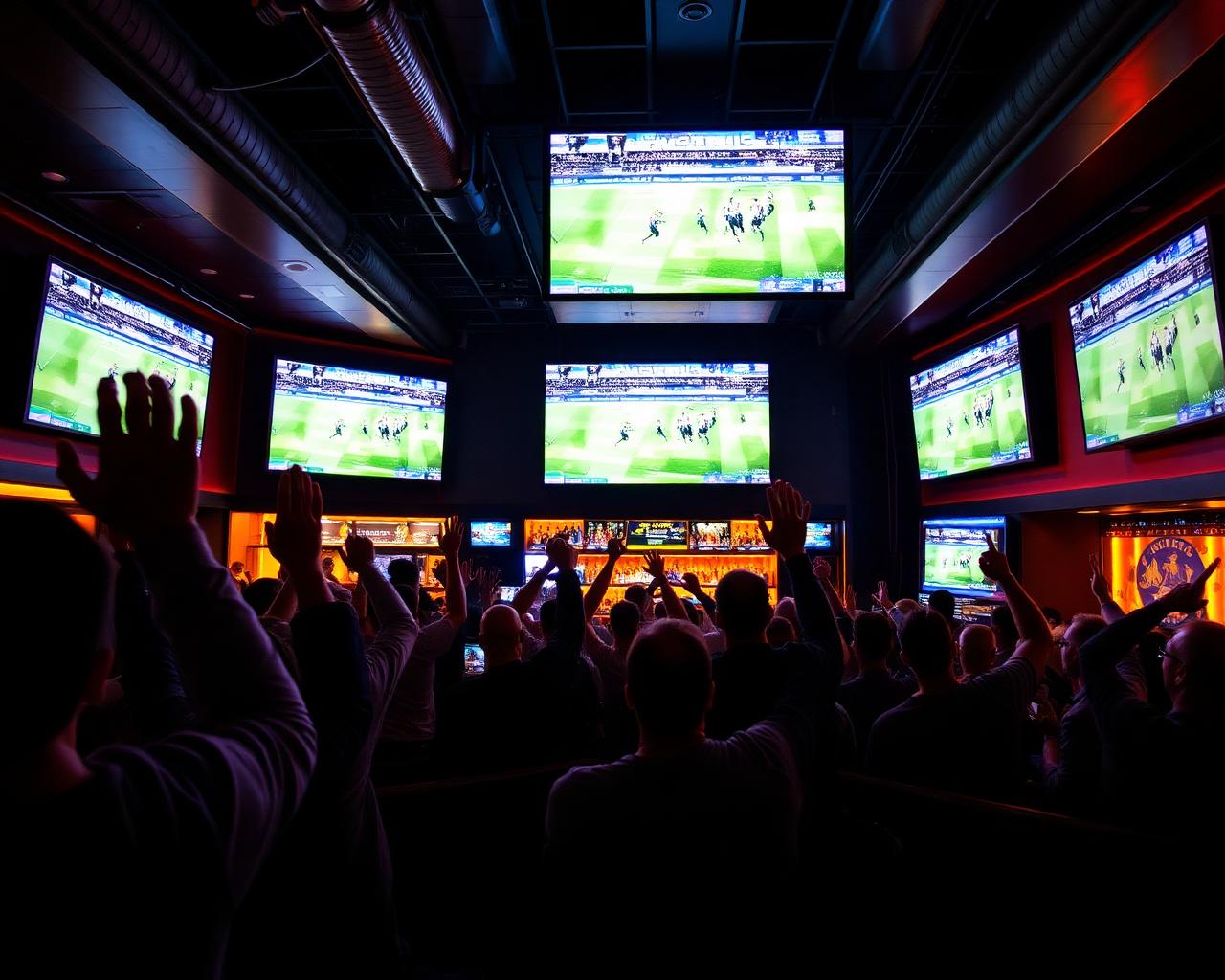 Bar lotado de torcedores assistindo ao jogo em telões